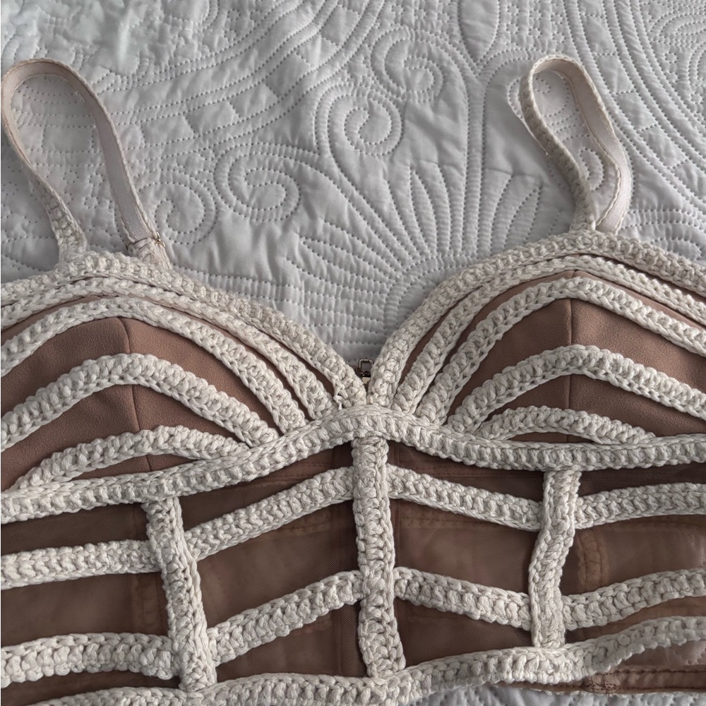 JLUXLABEL Crochet Accent Bralette - Cream and Brown